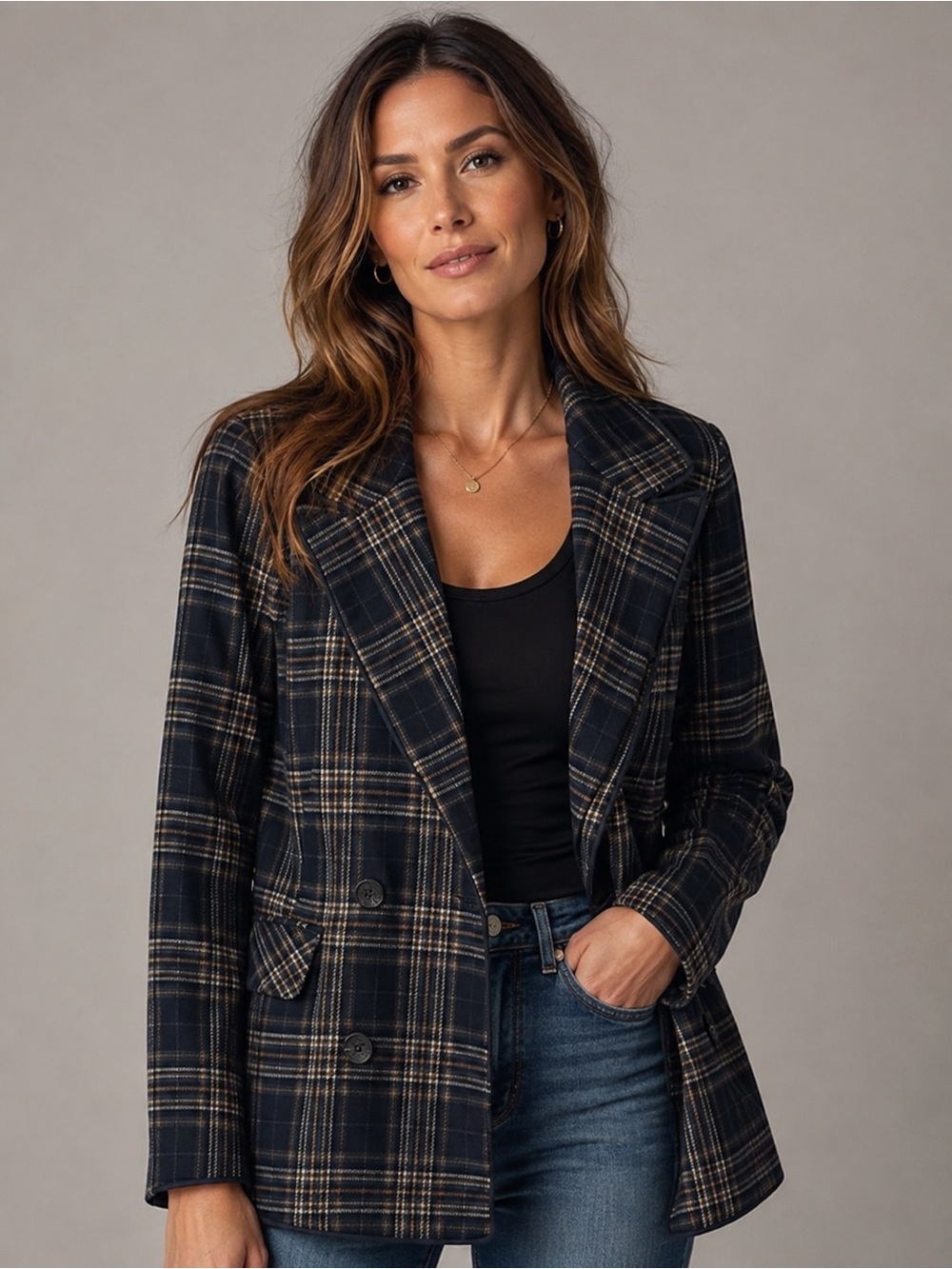 Avec Les Filles x Anthropologie Navy Plaid Double-Breasted Knit Blazer